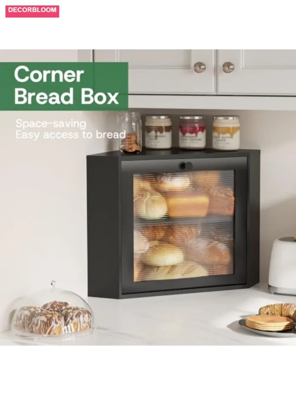 Corner Bread Box with Bamboo Wood and Adjustable Shelf